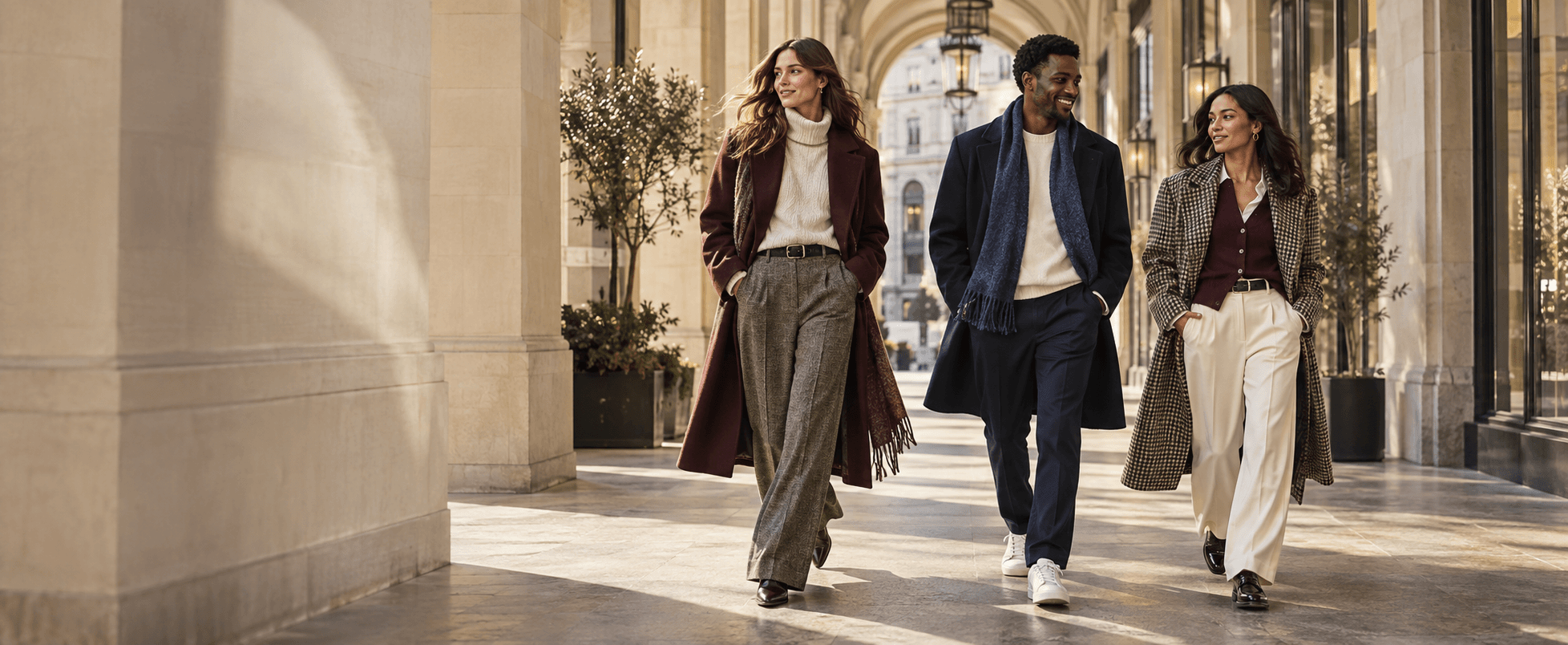 Three friends in contemporary looks walking through a covered high street